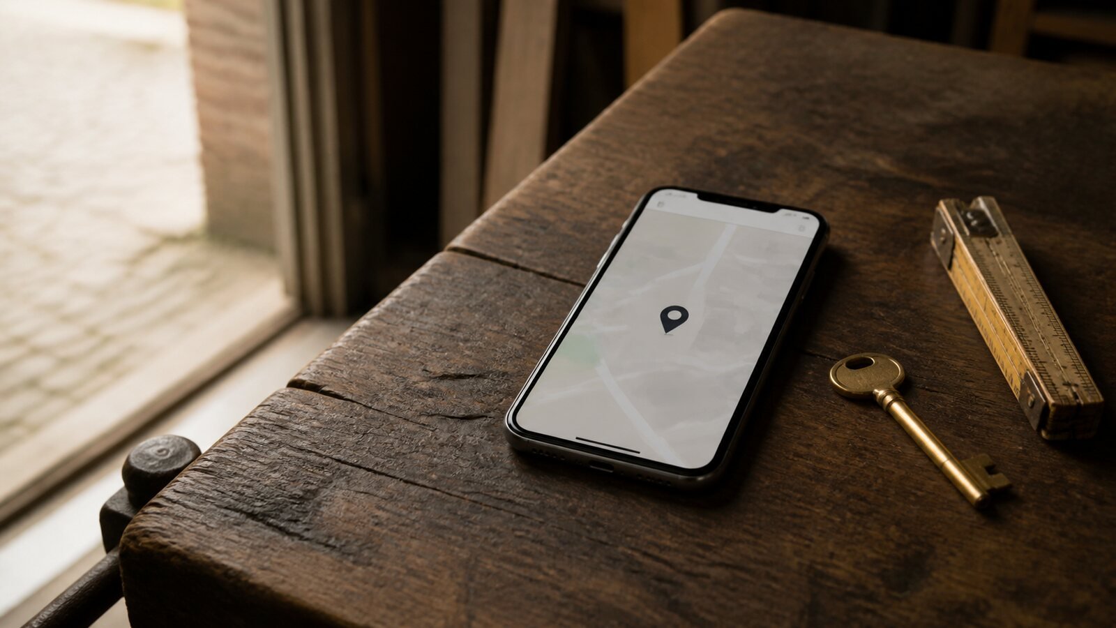 Smartphone mit abstrakter Karte auf einer Werkbank neben Schlüssel und Zollstock