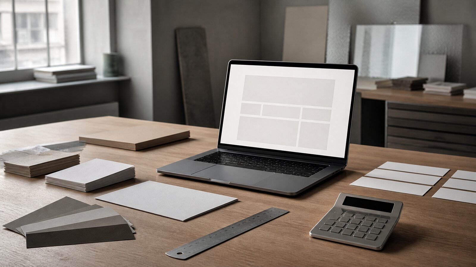 Laptop mit abstraktem Webseitenraster, leere Karten, Lineal und Rechner auf einem Planungstisch