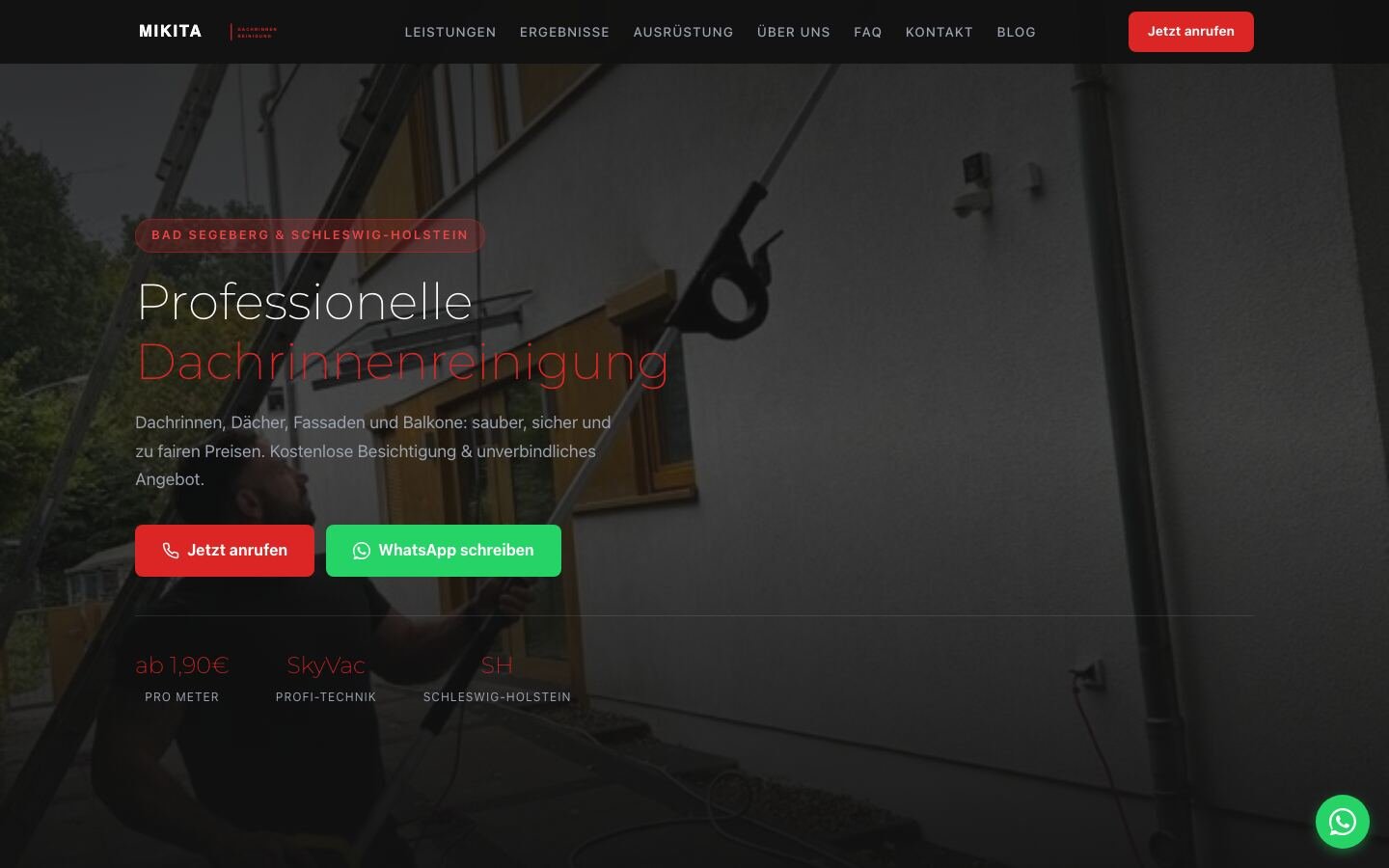 Website von MIKITA Dachrinnenreinigung, Dachrinnen und Dächer, Schleswig-Holstein