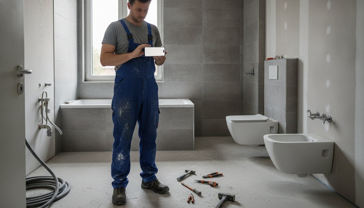 Klientka w kuchni pisze na telefonie pytanie o hydraulika, obok cieknący kran
