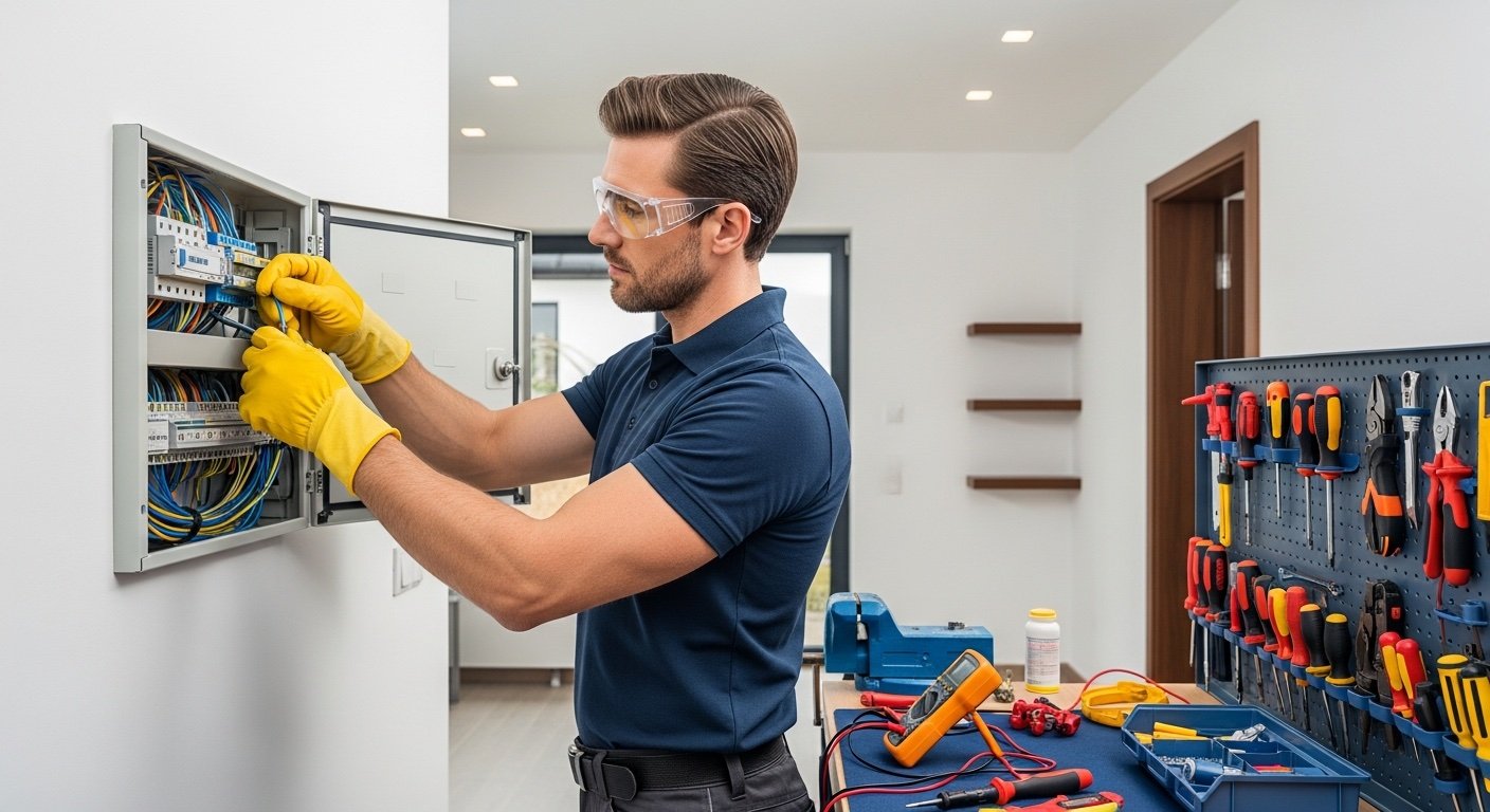 Polski elektryk pracujący przy skrzynce rozdzielczej w niemieckim domu