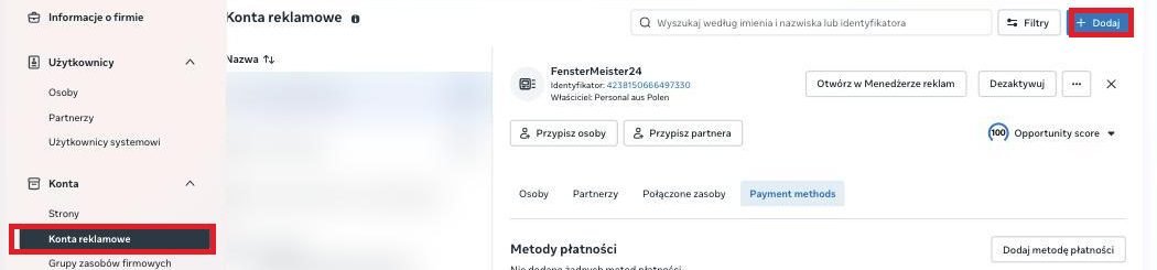 Konta reklamowe, przycisk Dodaj