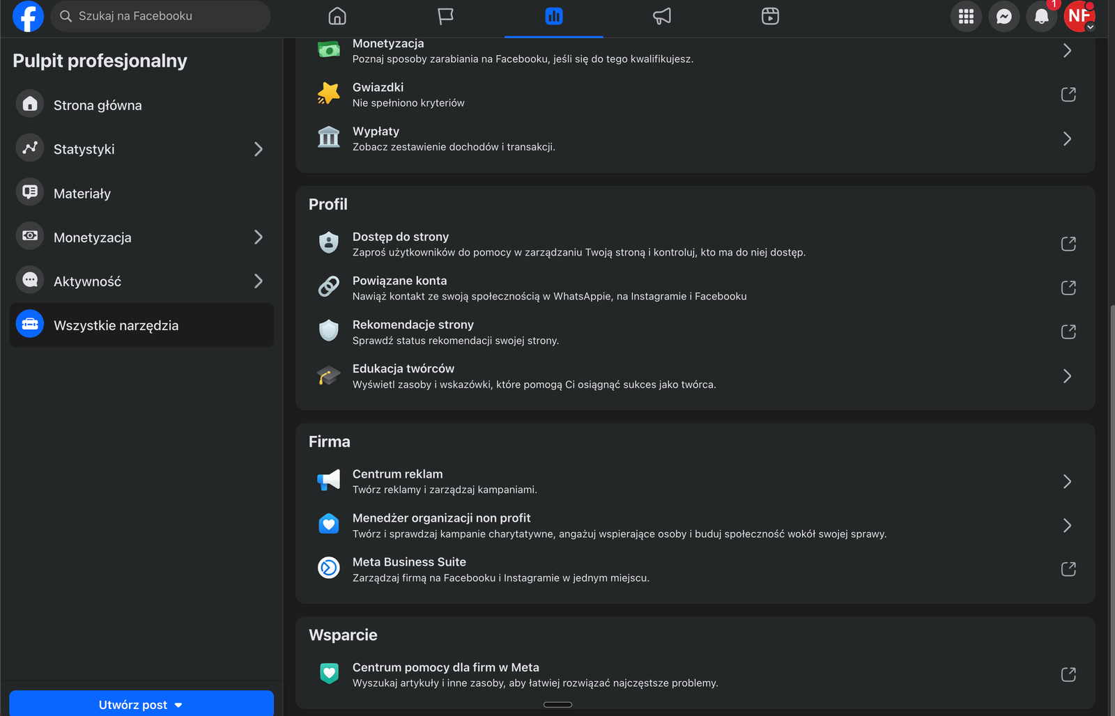 Sekcja Profil — Dostęp do strony